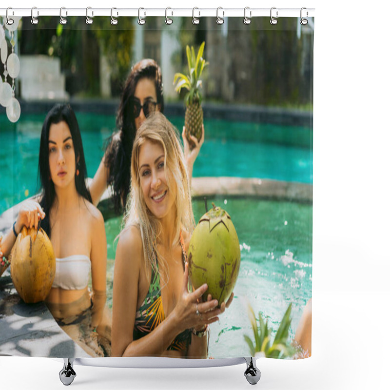 Personality  Beautiful Young Women In Swimwear Holding Tropical Fruits And Cocktails At Swimming Pool Shower Curtains