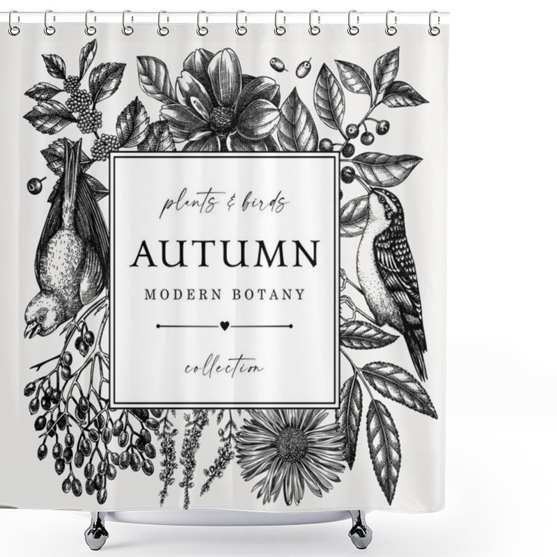 Personality  Hand Sketched Autumn Retro Design With Birds. Elegant Botanical Square Template With Autumn Leaves, Berries, Flowers And Birds Sketches. Perfect For Invitation, Cards, Flyers, Menu, Label, Packaging.  Shower Curtains