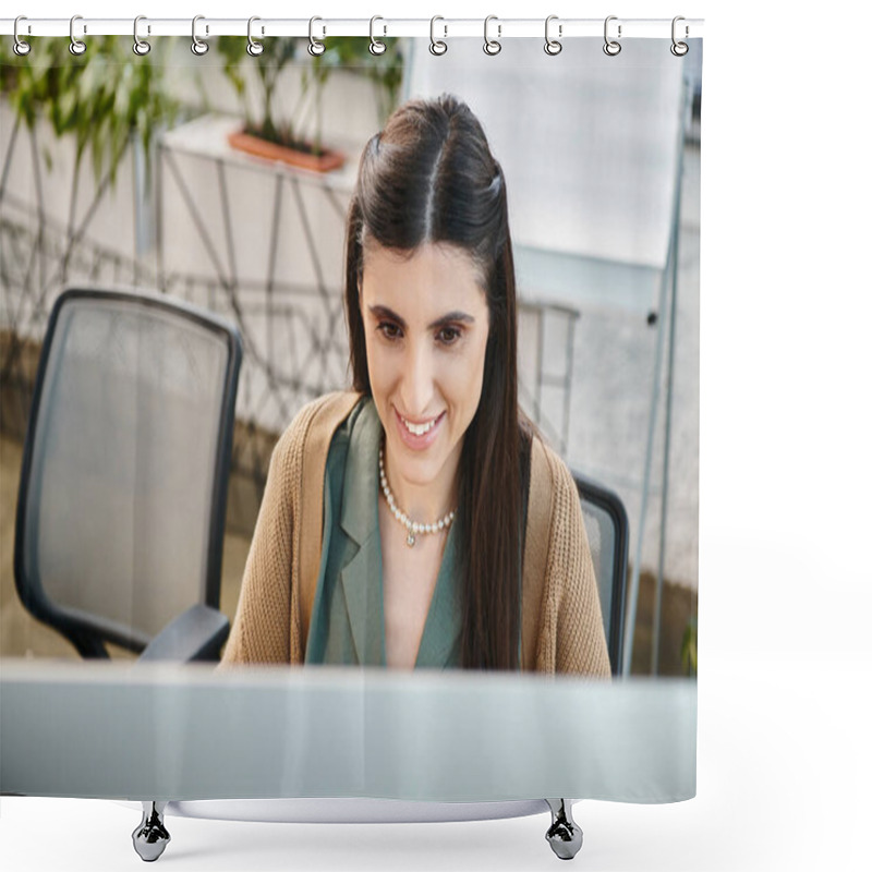 Personality  A Woman Immersed In Work, Focused On Her Computer Screen In A Bustling Office Environment. Shower Curtains