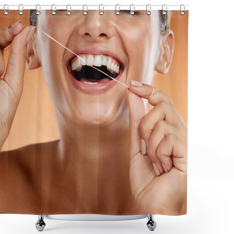 Personality  Teeth Floss, Dental Healthcare And Mouth Care Of A Happy Woman Smile About Healthy Practice. Happiness Of A Person Using A Clean, Beauty And Flossing Oral Treatment For Clean Results For Invisalign. Shower Curtains