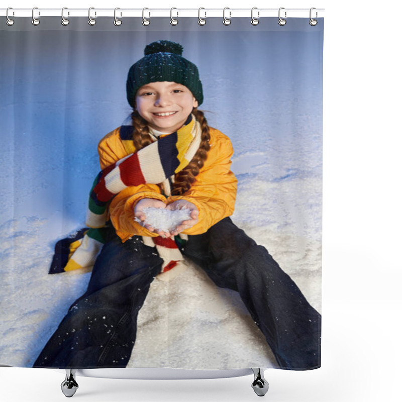 Personality  A Cheerful Girl Dressed Warmly Plays In Fresh Snow, Forming A Heart Shape With Snowflakes. Shower Curtains