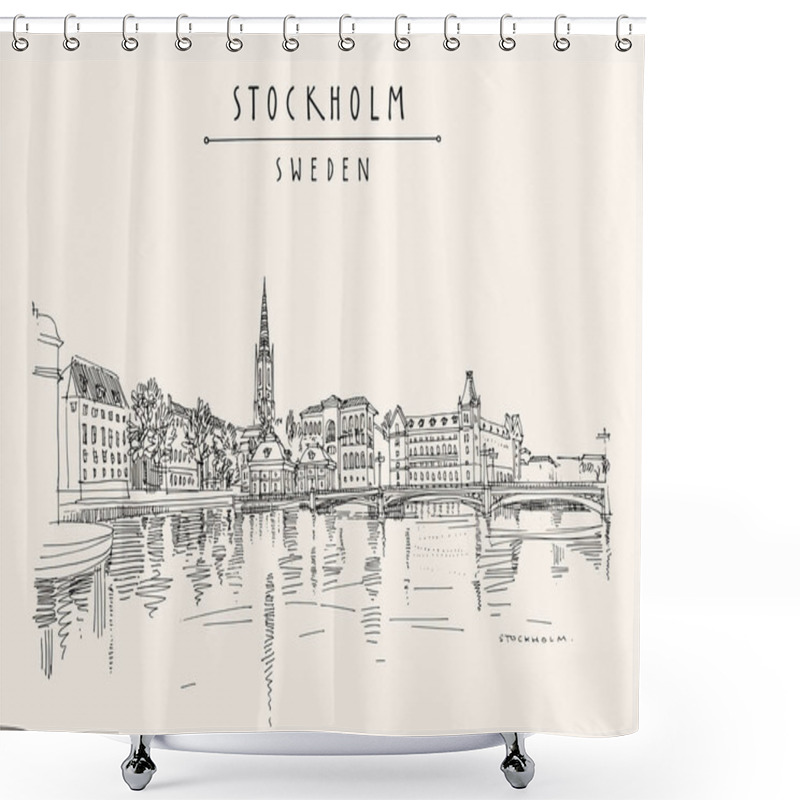 Personality  Vector Stockholm Postcard. Panorama Of Stockholm, Sweden, Scandinavia, Europe. Gamla Stan (Old Town) Travel Sketch. Vintage Touristic Postcard, Poster Or Book Illustration In Vector Shower Curtains