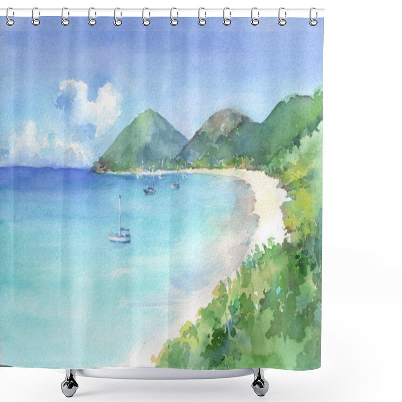 Personality  View Of Paradise Bay With Turquoise See Water And White Sandy Beach. Watercolor Hand Drawn Illustration. Shower Curtains