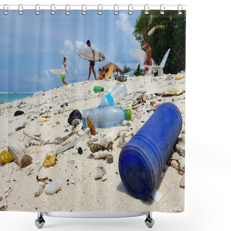 Personality  CLOSE UP: A Group Of Surfboarders Head Out To The Ocean Down A Dirty Beach. Shower Curtains