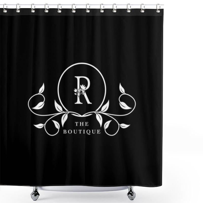 Personality  R Letter Logo Boutique Luxury Nature Floral Flower. Monogram Vector Design Concept Letter And Floral Flower With Leaf For Initial, Fashion Brand, And Luxuries Business Identity. Shower Curtains