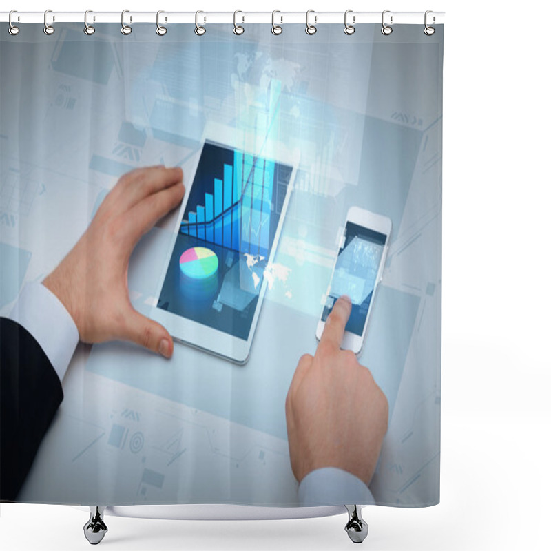 Personality  Businessman Working With Table Pc And Smartphone Shower Curtains