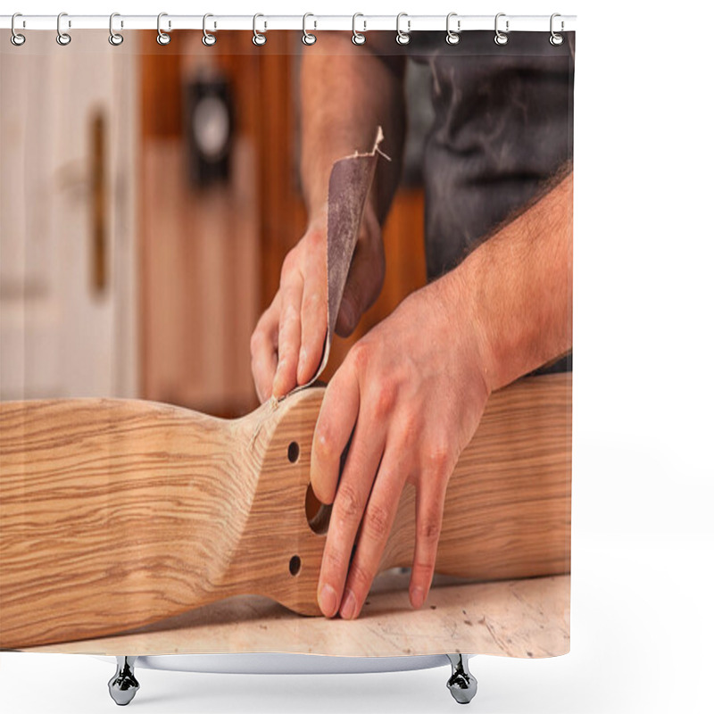 Personality  A Working Man In A  Cap And Shirt Polishes The Wooden Block With Sandpaper Before Painting In The Workshop, In The Background, Tools And Drilling Machine.  Shower Curtains