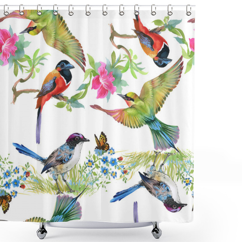 Personality  Meadow With Flowers And Birds And Butterflies Shower Curtains