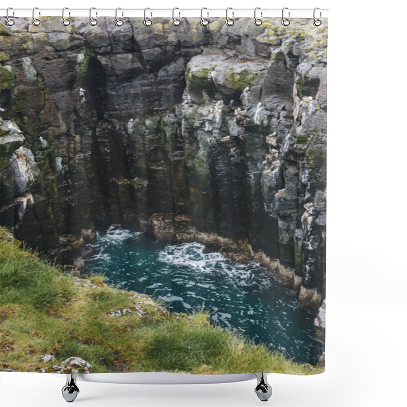 Personality  Aerial View Of Rocky Cliff And Crashing Blue Waves In Iceland Shower Curtains