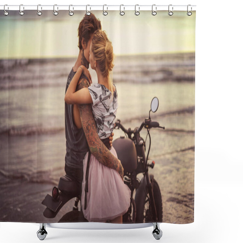 Personality  Passionate Couple Hugging On Motorcycle On Ocean Beach During Beautiful Sunrise  Shower Curtains