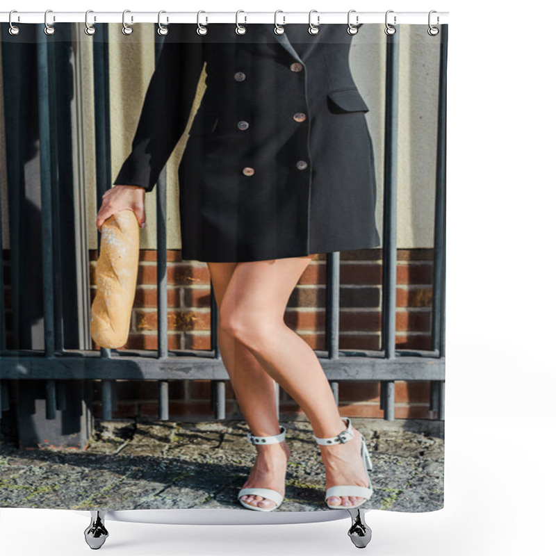 Personality  Cropped Shot Of Woman In Stylish Jacket And Shoes Standing In Front Of Fence With Baguette Shower Curtains