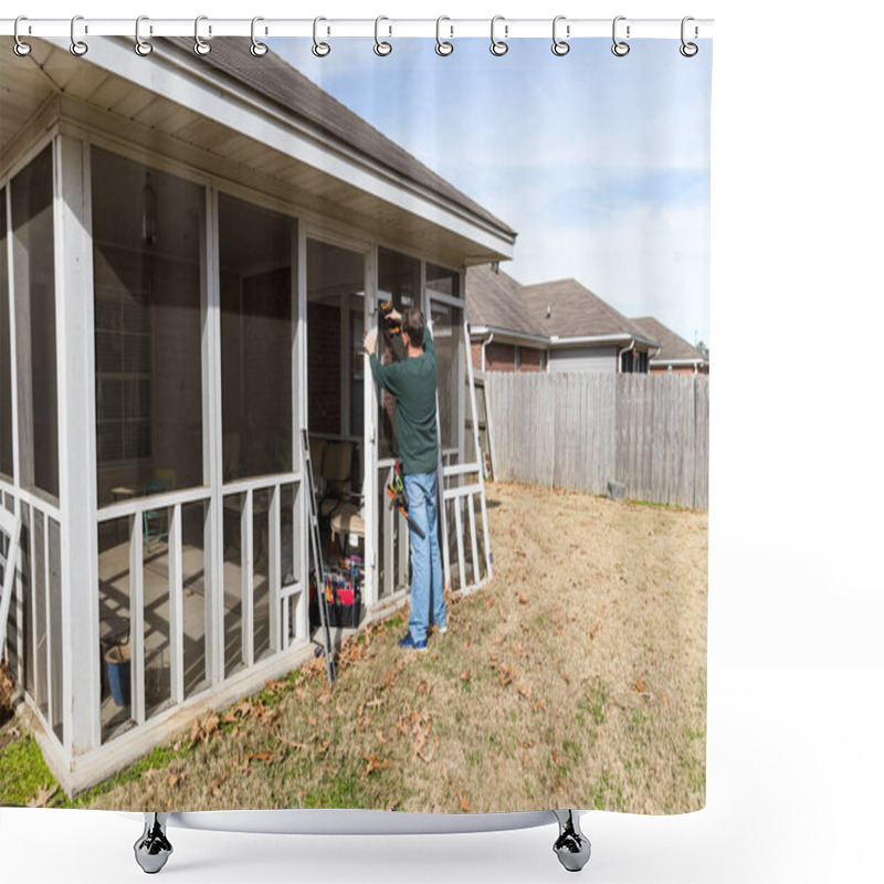 Personality  Repairman Works On Repairing Door To Screened In Back Porch Shower Curtains