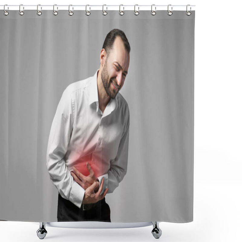 Personality  Man Suffering From Abdominal Pain On Gray Background. Health Care Concept Shower Curtains