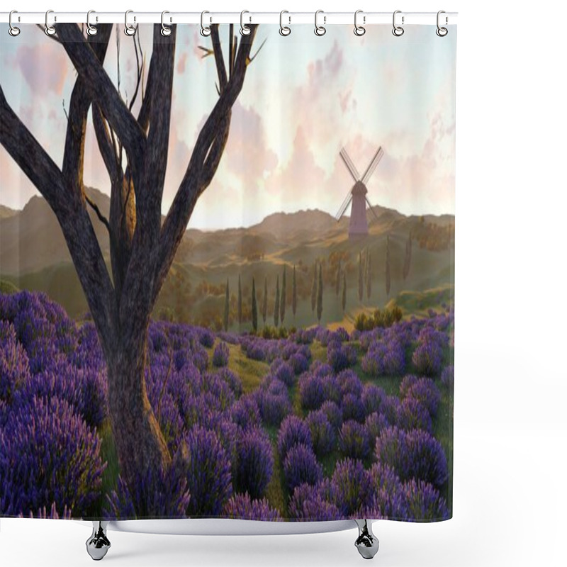 Personality  Lavender Fields With A Solitary Tree 3d Rendering Shower Curtains