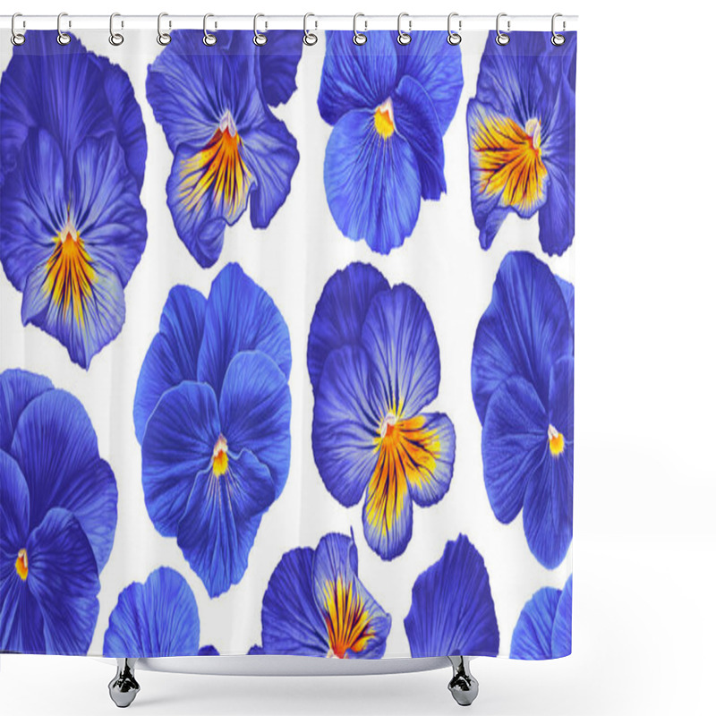 Personality  Minimalistic Seamless Pattern With Blue Pansies On White Background. Vector Realistic Plants In Repeating Pattern. Design Surfaces, Clothes, Textiles, Postcards, Wallpaper, Posts And Ads Social Media Shower Curtains