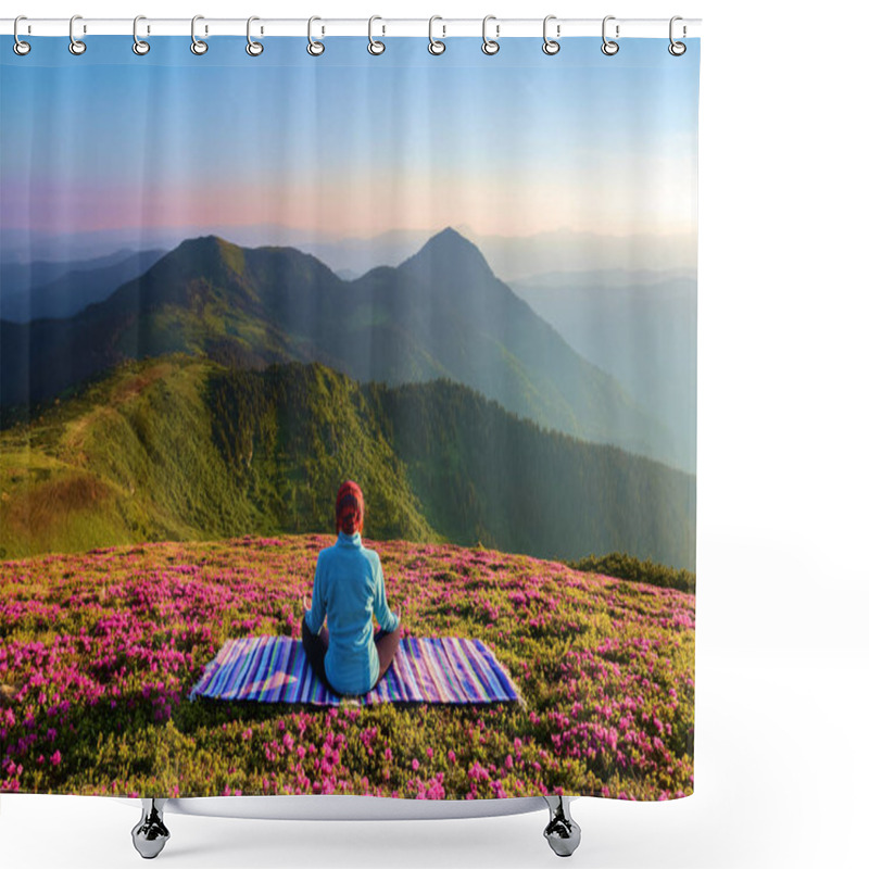 Personality  On The Lawn Among The Rhododendron Flowers The Yoga Girl Is Sitting In The Pose On The Colorful Rug. Meditation. The Landscape With The Mountains In The Fog. Nice Summer Scenery. Shower Curtains