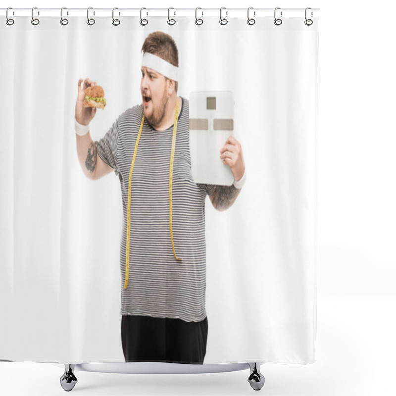 Personality  Man Holding Body Scales And Burger Shower Curtains