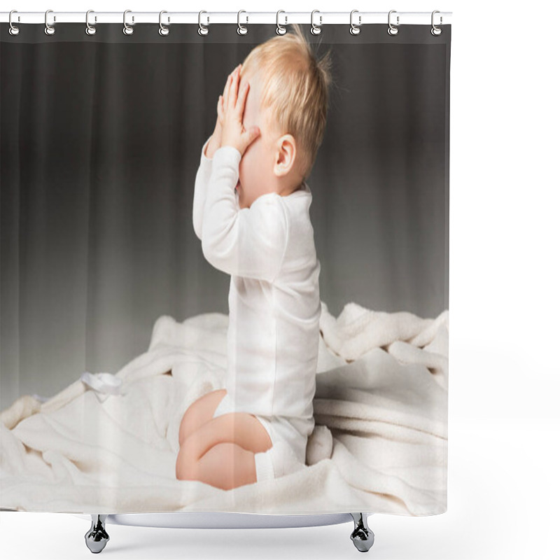 Personality  Side View Of Cute Child Covering Face And Kneeling On Blanket Isolated On Black  Shower Curtains