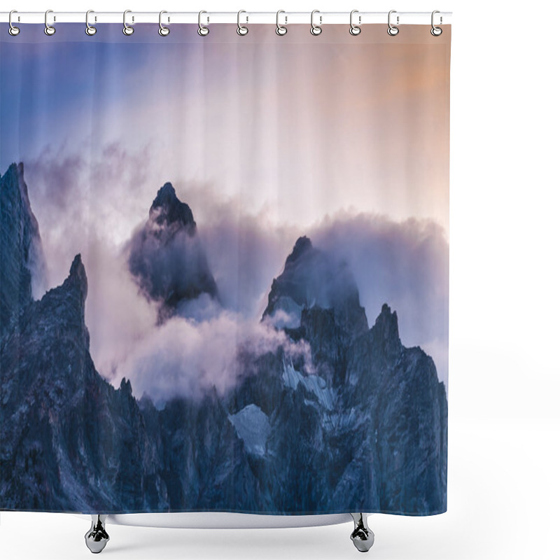 Personality  Cloudy Mountain Peaks At Sunset Shower Curtains