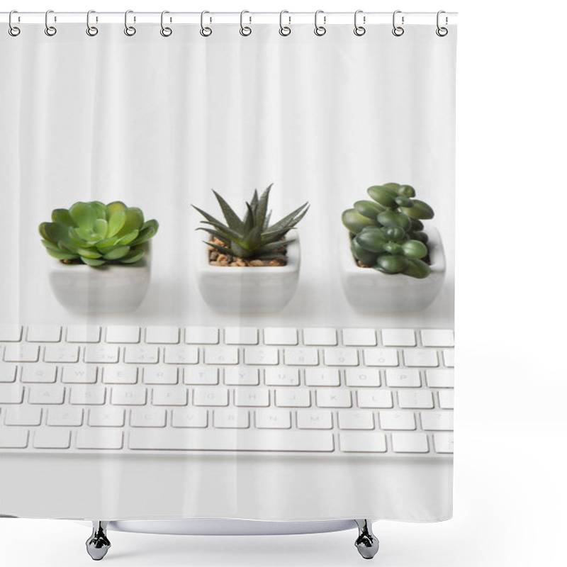 Personality  Tiny Green Plants And Computer Keyboard On White Shower Curtains