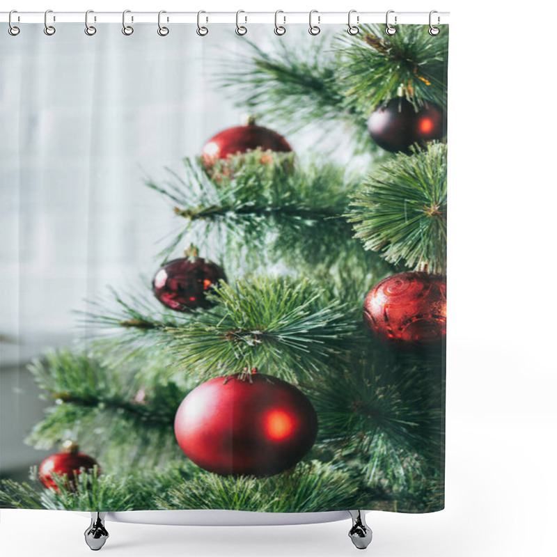 Personality  Close Up View Of Red Christmas Balls On Christmas Tree Shower Curtains