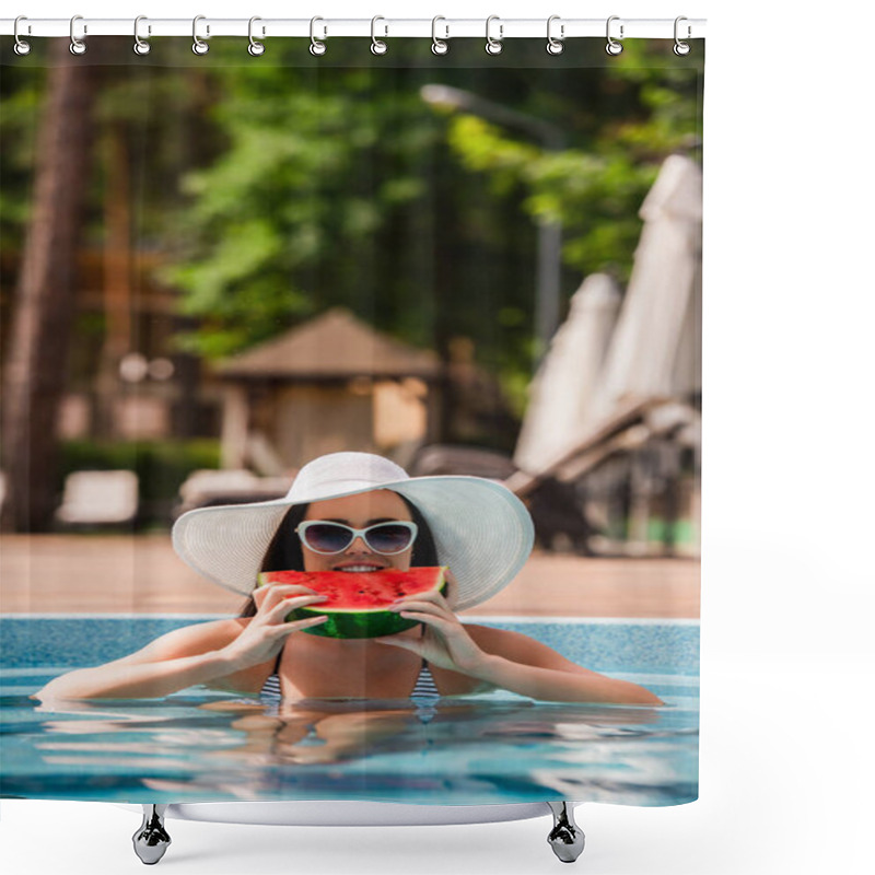 Personality  Young Woman In Swimming Pool Eating Watermelon During Vacation Shower Curtains