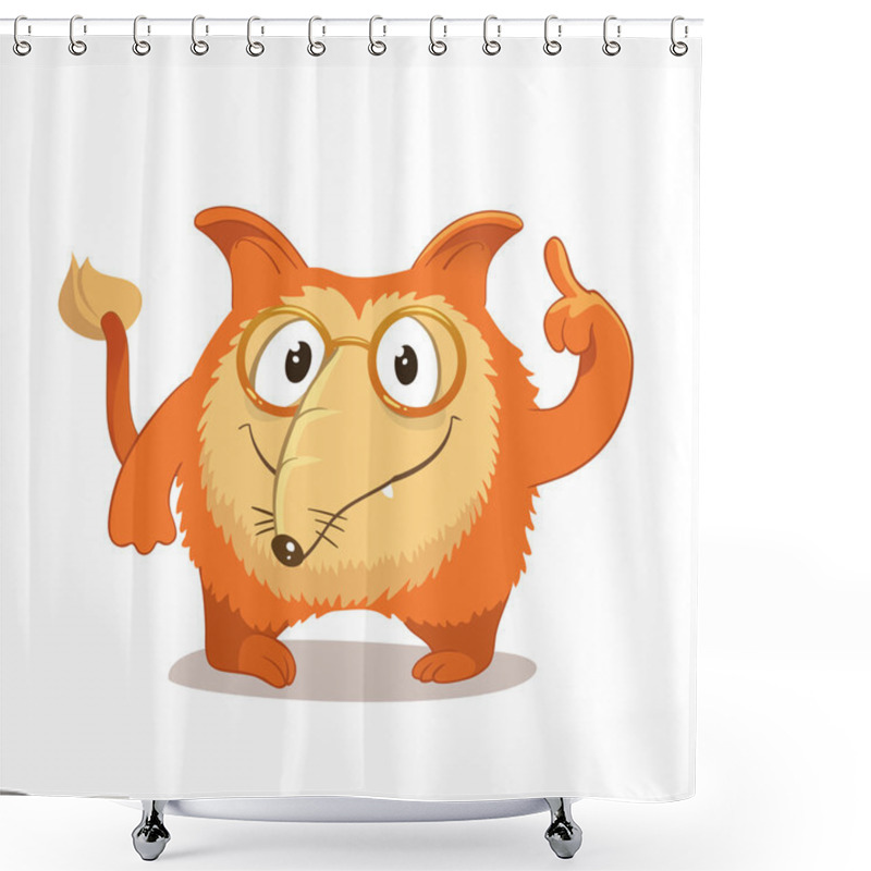 Personality  Fantasy, Round And Smart Character With Cute Protruding Ears And A Long Nose, Reminiscent Of A Red Fox Vs Dog. Wearing Glasses. Raised Forefinger. Corporate Character. Shower Curtains