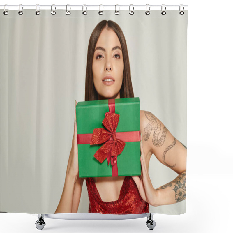 Personality  Jolly Woman With Pierced Nose Holding Present Under Her Chin On Ecru Backdrop, Holiday Gifts Concept Shower Curtains