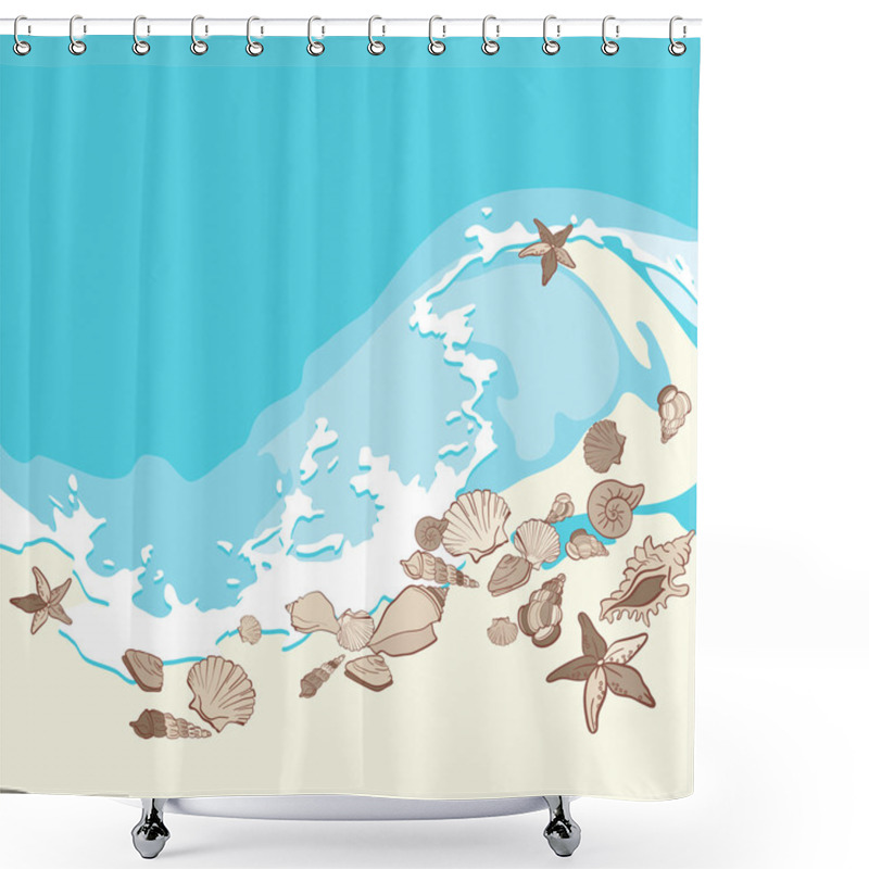 Personality  Shells And Starfishes On Sand Background Shower Curtains