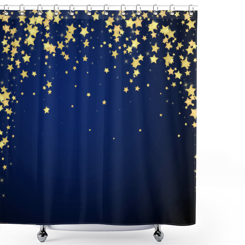 Personality  Magic Stars Vector Overlay.  Gold Stars Scattered Around Randomly, Falling Down, Floating.  Chaotic Dreamy Childish Overlay Template. Magical Cartoon Night Sky On Dark Blue Background. Shower Curtains