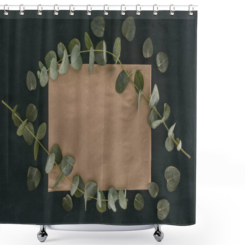 Personality  Top View Of Blank Paper Envelope With Eucalyptus Branches Over Black Background Shower Curtains