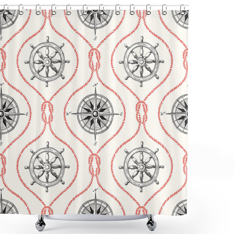 Personality  Vintage Hand-Drawn Rope Ogee Vector Seamless Pattern With Steering Wheel, Compass And Nautical Reef Knot. Shower Curtains