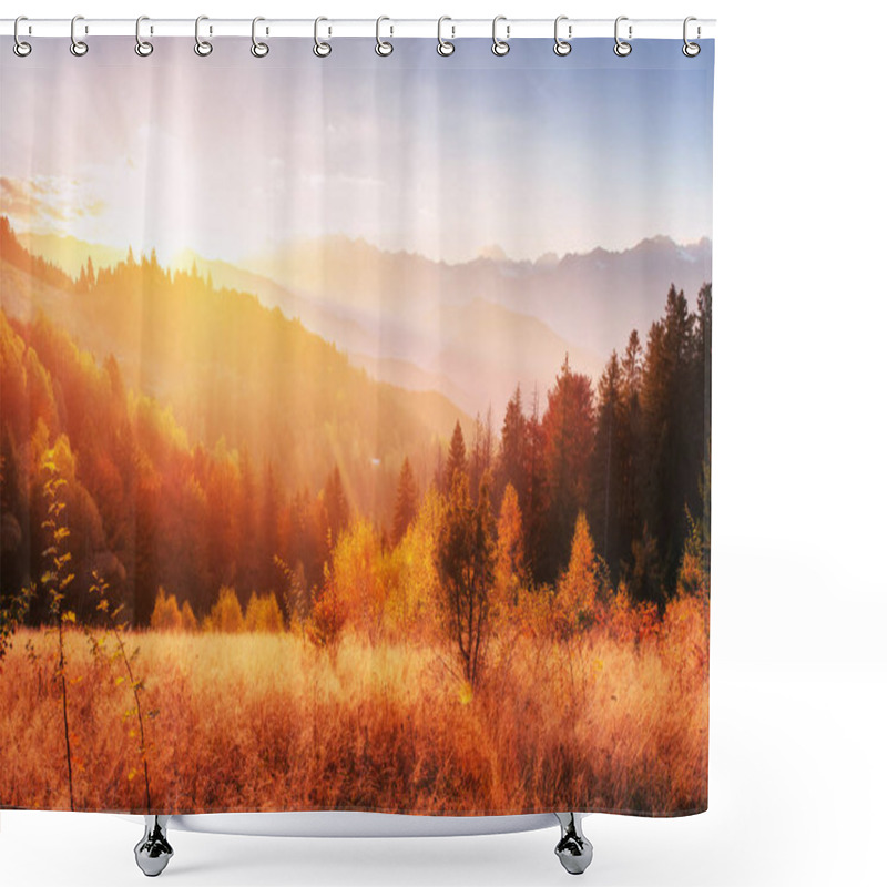 Personality  Mountain Range In The Carpathian Mountains In The Autumn Season. Fantastic Sunset. Ukraine, Europe. Shower Curtains