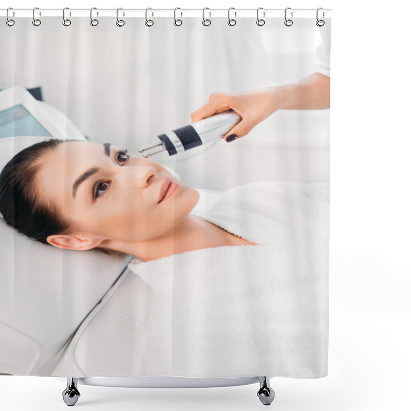 Personality  Attractive Woman Getting Facial Microcurrent Therapy In Spa Salon Shower Curtains