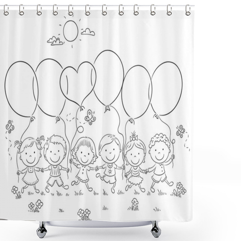 Personality  Kids With Balloons Outline Shower Curtains