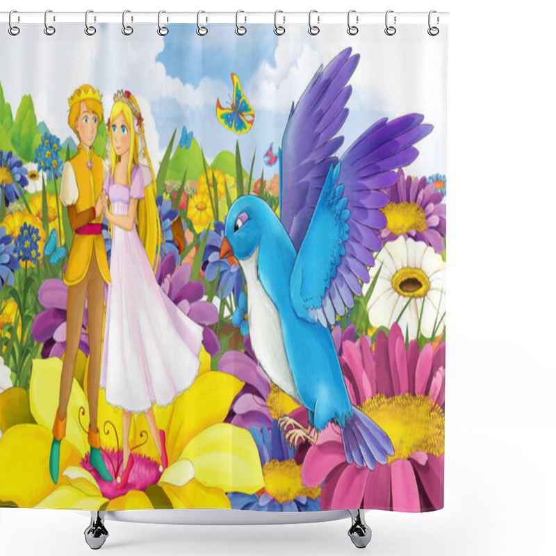 Personality  Cartoon Scene With Young Beautiful Tiny Girl Princess And Prince With A Wild Bird Shower Curtains