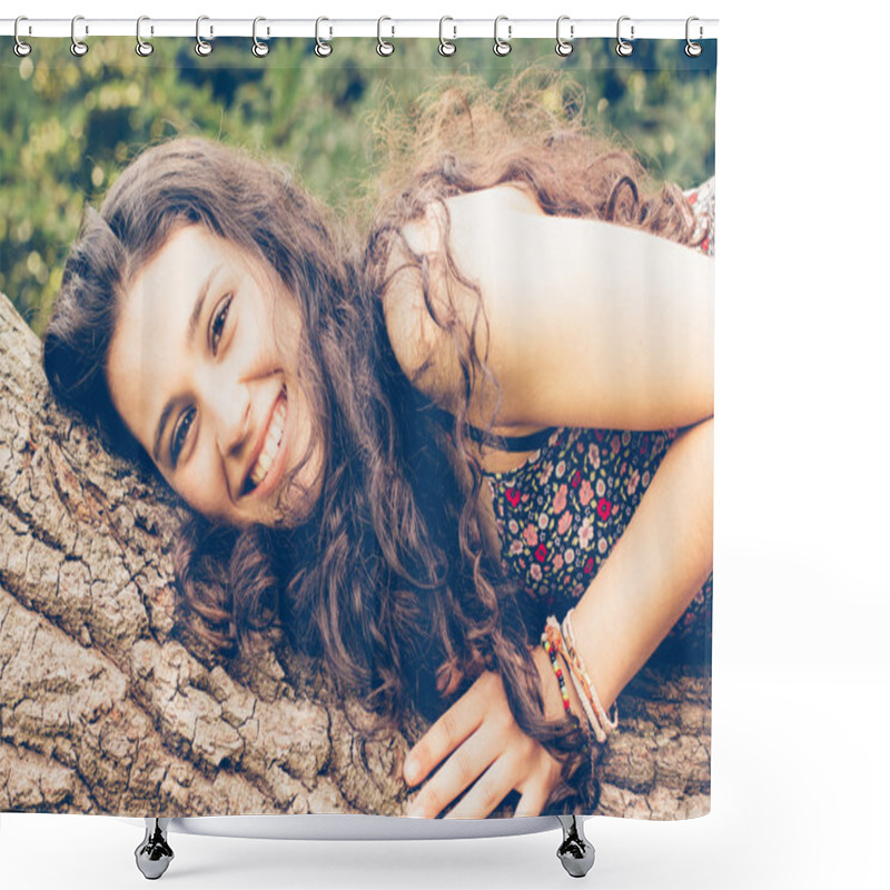 Personality  Young Beautiful Woman Over A Trunk Shower Curtains