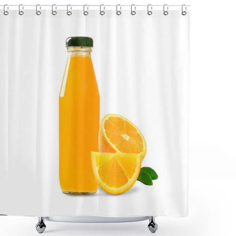 Personality  Bottle Glass Of Orange Juice With Sliced Orange Fruits And Green Leaves Isolated On White Background Shower Curtains