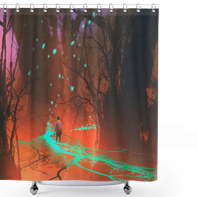 Personality  Kid Walking On Fantasy Bridge With Glowing Blue Light  Shower Curtains