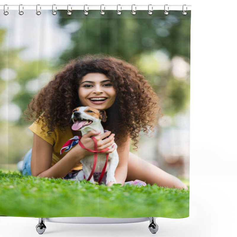 Personality  Excited Woman Laughing And Looking At Camera While Lying With Jack Russell Terrier Dog On Green Lawn Shower Curtains