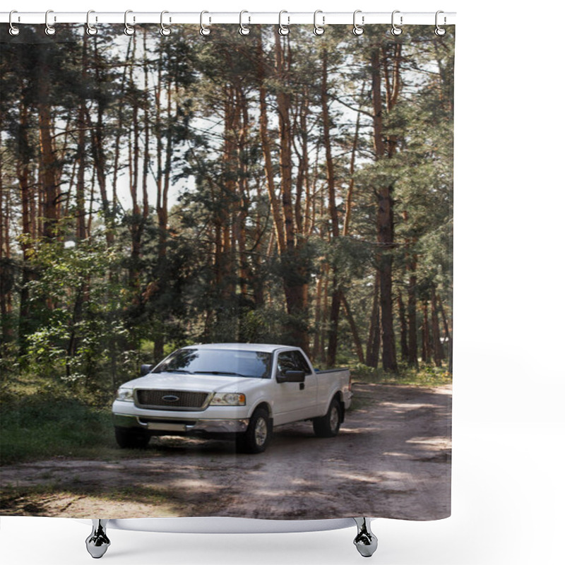 Personality  White Pickup Truck On Trail In Forest With Pine Trees Shower Curtains