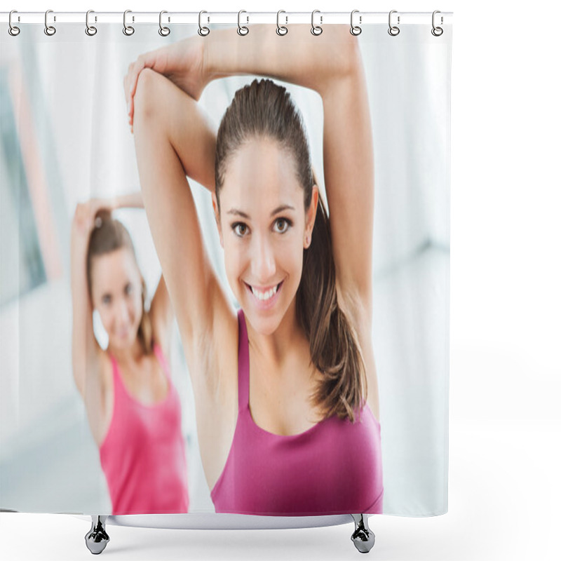 Personality  Girls Doing Stretching Exercises At The Gym Shower Curtains