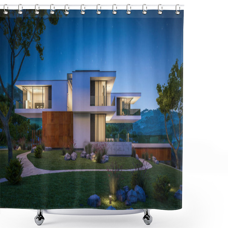 Personality  3d Rendering Of Modern House By The River At Night Shower Curtains