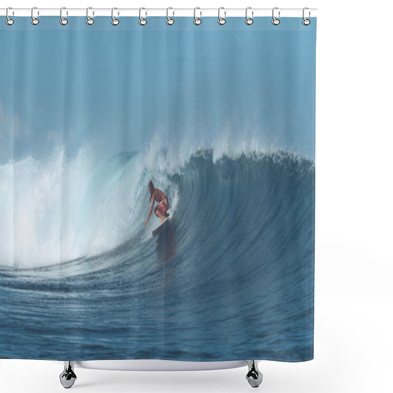 Personality  Experienced Surfer Rides A Big Crystal Clear Barrel Wave On Popular Surf Spot. Awesome Male Surfboarder Carves A Big Deep Blue Wave Coming From The Powerful Ocean. Adrenaline Filled Summer Activity. Shower Curtains