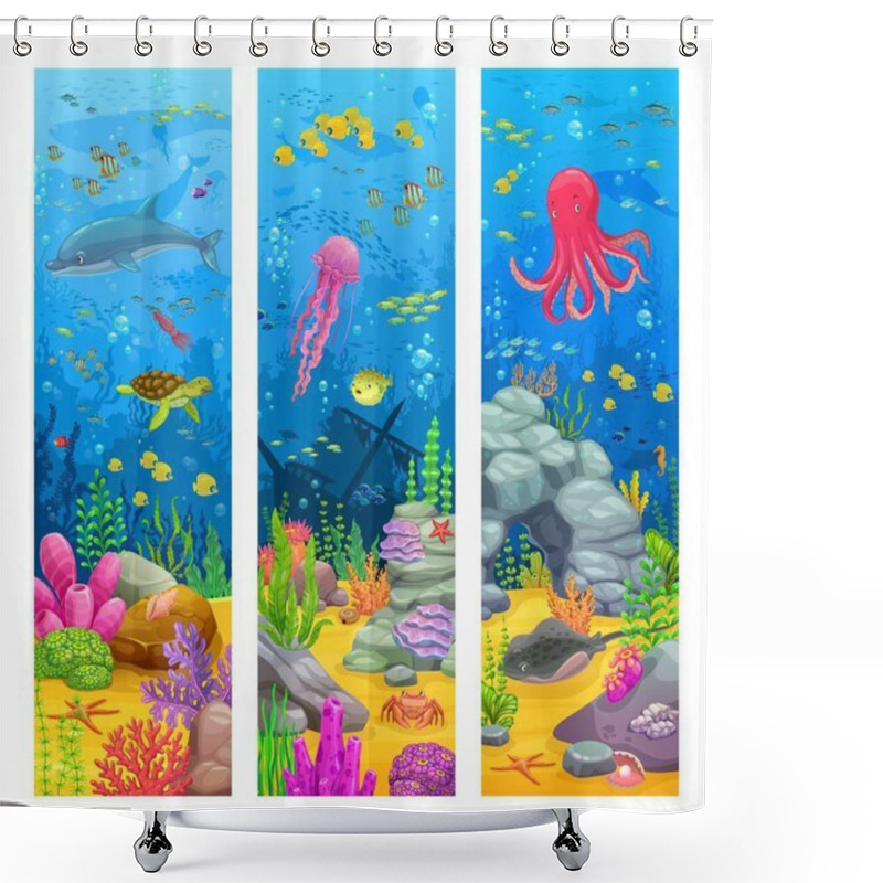 Personality  Cartoon Underwater Game Landscape With Sea Fishes And Ocean Animals, Vector Background. Kid Undersea Game Landscape With Funny Dolphin, Octopus And Jellyfish In Coral Reef With Sunken Ship Boat Shower Curtains