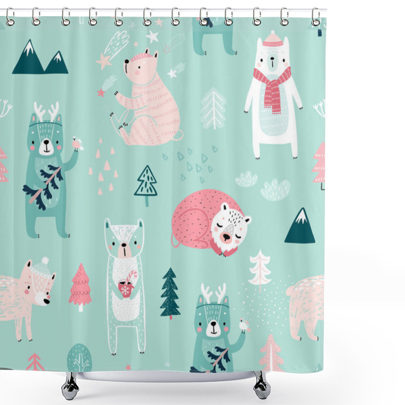 Personality  Seamless Pattern With Cute Bears. Childish Background With Sweet Characters And Other Elements. Vector Illustration. Shower Curtains