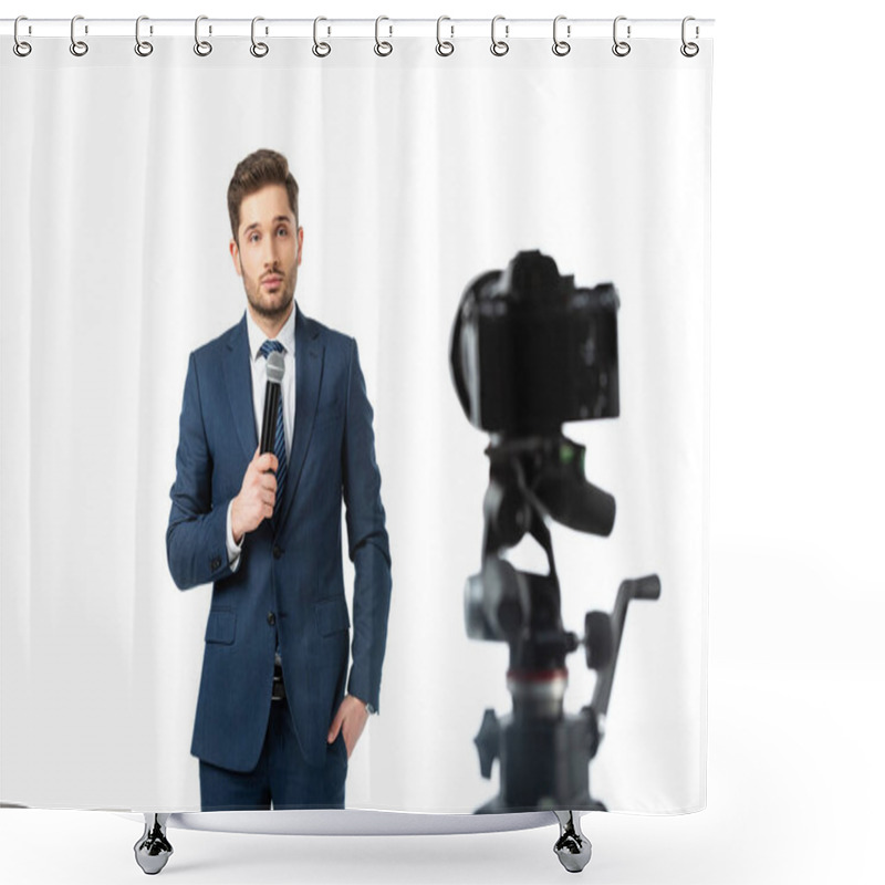 Personality  Young Broadcaster Holding Microphone Near Digital Camera On Blurred Foreground Isolated On White Shower Curtains