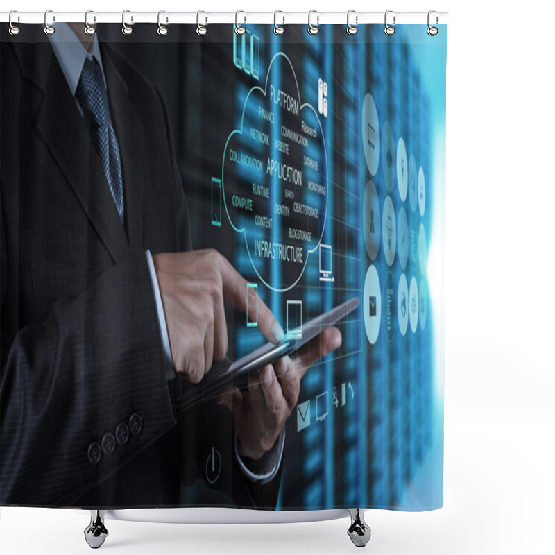 Personality  Businessman Hand Using Tablet Computer And Server Room Shower Curtains