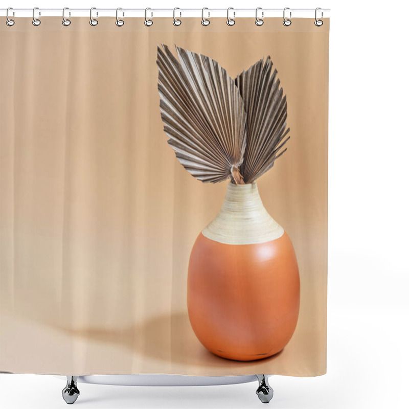 Personality  Dry Tropical Sugar Palm Leaves In Original Modern Vase On The Neutral Pastel Background. Interior Detail For Your Purposes, Copy Space For Your Text. Shower Curtains