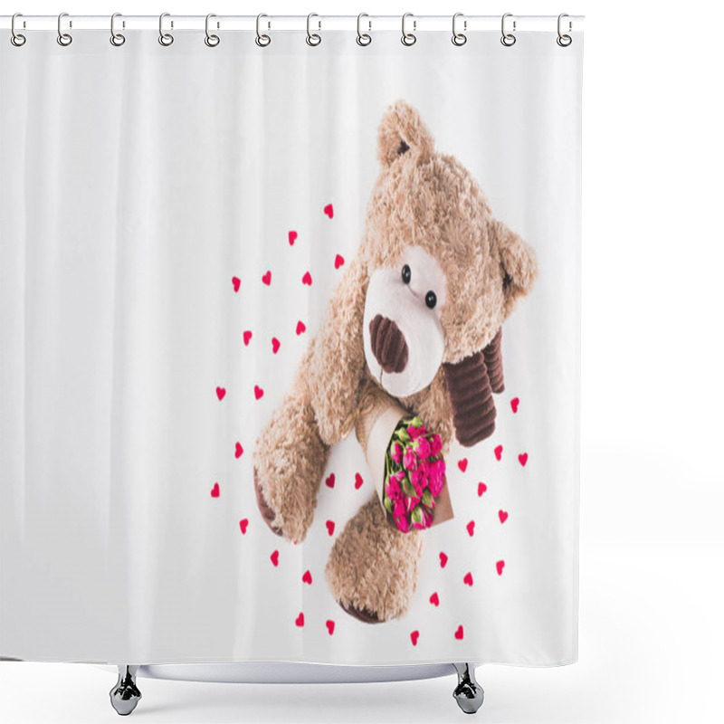 Personality  Top View Of Teddy Bear With Bouquet Of Pink Roses Isolated On White, Valentines Day Concept Shower Curtains